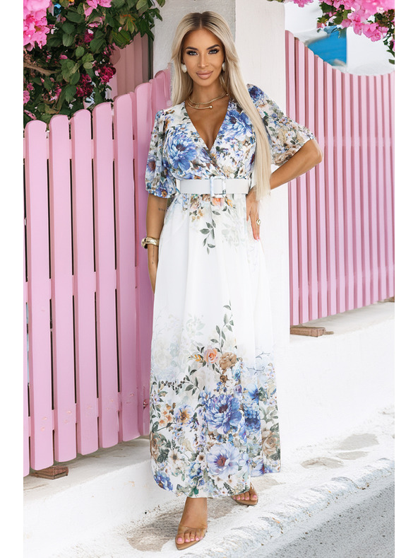 numoco Ελαφρύ μάξι φόρεμα CELINA με λαιμόκοψη V, ζώνη και ομπρέ φλοράλ μοτίβο