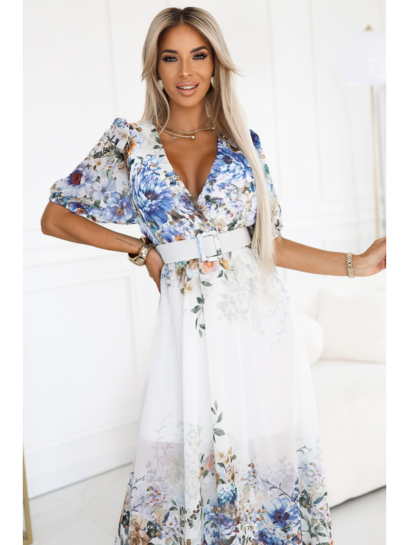 numoco Ελαφρύ μάξι φόρεμα CELINA με λαιμόκοψη V, ζώνη και ομπρέ φλοράλ μοτίβο