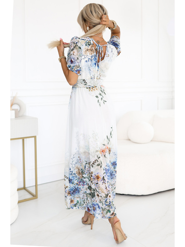 numoco Ελαφρύ μάξι φόρεμα CELINA με λαιμόκοψη V, ζώνη και ομπρέ φλοράλ μοτίβο