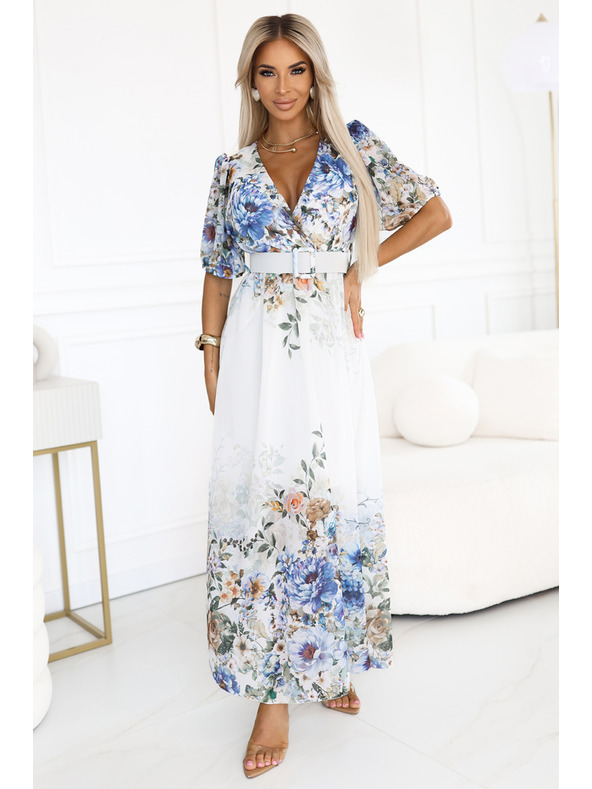 numoco Ελαφρύ μάξι φόρεμα CELINA με λαιμόκοψη V, ζώνη και ομπρέ φλοράλ μοτίβο