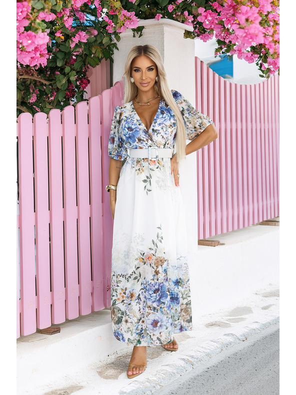 numoco Ελαφρύ μάξι φόρεμα CELINA με λαιμόκοψη V, ζώνη και ομπρέ φλοράλ μοτίβο