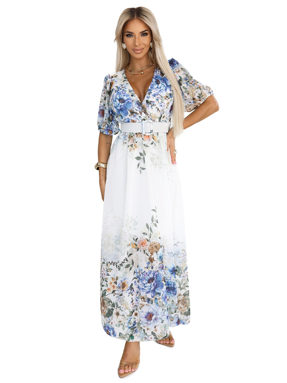 numoco Ελαφρύ μάξι φόρεμα CELINA με λαιμόκοψη V, ζώνη και ομπρέ φλοράλ μοτίβο