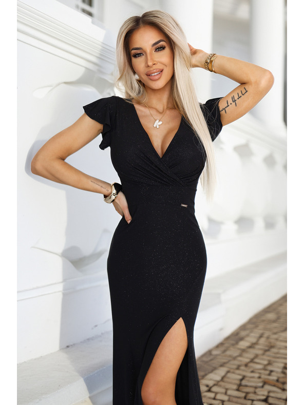 numoco Λαμπερό μακρύ μαύρο φόρεμα IRINA με πούλιες, κρουαζέ λαιμόκοψη και σκίσιμο