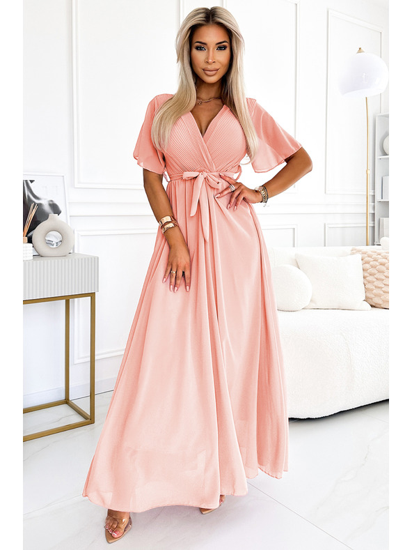 numoco Μακρύ φόρεμα με πλισέ λαιμόκοψη και δέσιμο