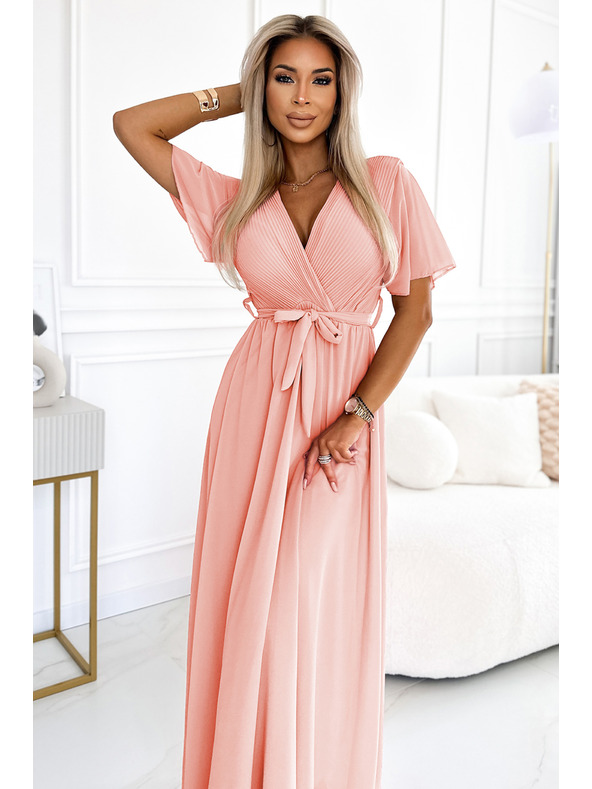 numoco Μακρύ φόρεμα με πλισέ λαιμόκοψη και δέσιμο