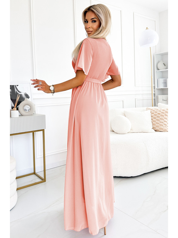 numoco Μακρύ φόρεμα με πλισέ λαιμόκοψη και δέσιμο