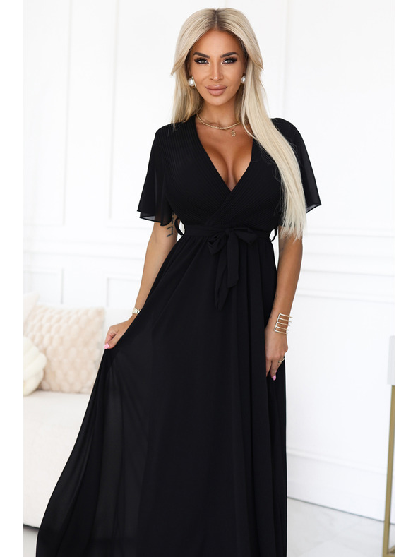 numoco Μακρύ φόρεμα με πλισέ λαιμόκοψη και δέσιμο - μαύρο