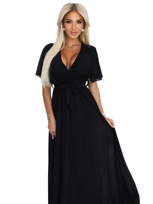 numoco Μακρύ φόρεμα με πλισέ λαιμόκοψη και δέσιμο - μαύρο