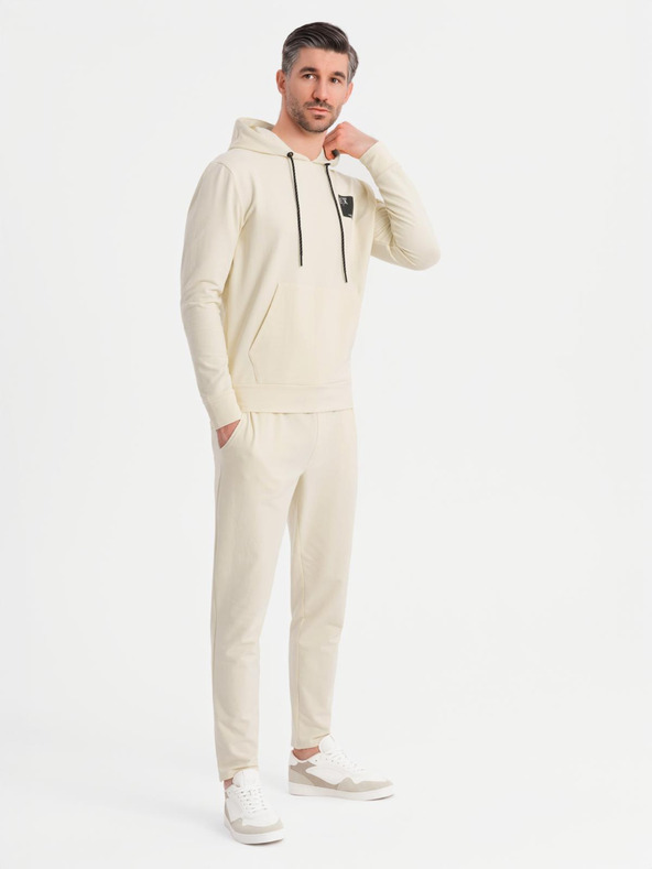 Ombre Clothing Ανδρικό σετ φούτερ με κουκούλα + φόρμα - κρεμ
