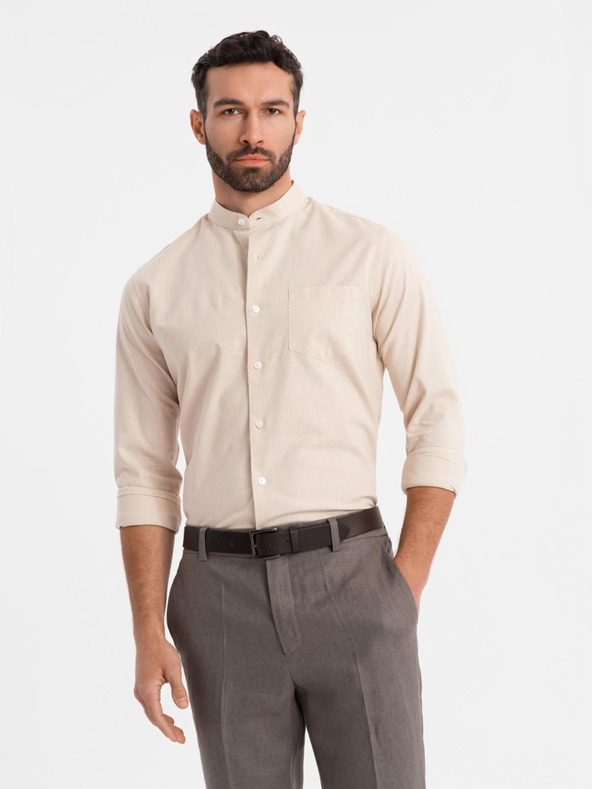 Ombre Clothing Ανδρικό βαμβακερό πουκάμισο με όρθιο γιακά και τσέπη REGULAR FIT - κρεμ