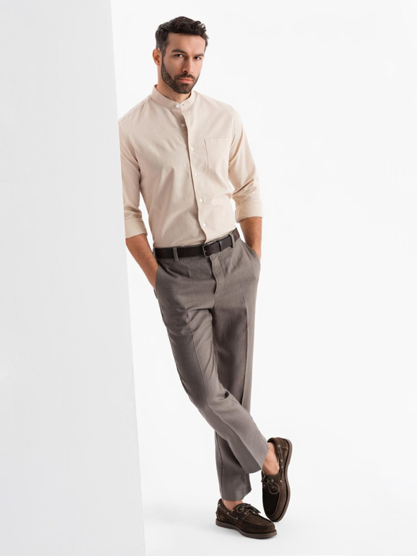 Ombre Clothing Ανδρικό βαμβακερό πουκάμισο με όρθιο γιακά και τσέπη REGULAR FIT - κρεμ