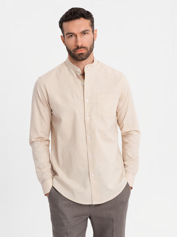 Ombre Clothing Ανδρικό βαμβακερό πουκάμισο με όρθιο γιακά και τσέπη REGULAR FIT - κρεμ