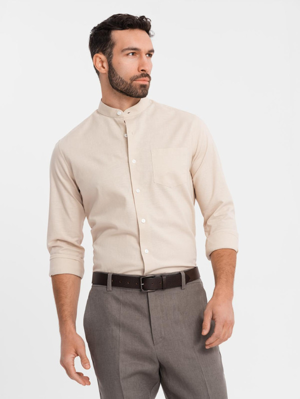 Ombre Clothing Ανδρικό βαμβακερό πουκάμισο με όρθιο γιακά και τσέπη REGULAR FIT - κρεμ