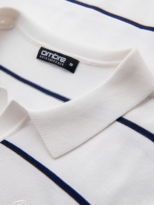 Ombre Clothing Ανδρική πόλο μπλούζα με μακρύ μανίκι και οριζόντιες ρίγες από βισκόζη - λευκή και σκούρο μπλε